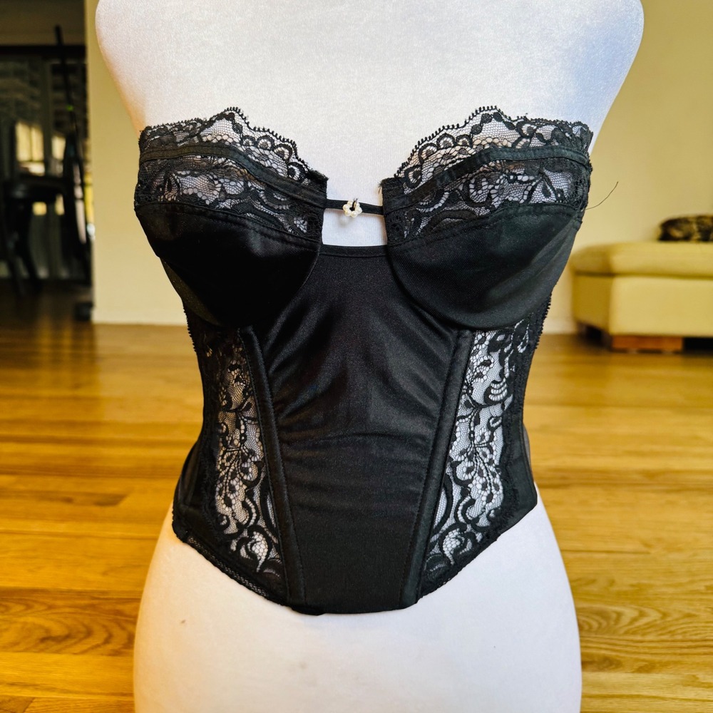 Vintage Christian Dior Intimates Lace Satin Corset Bustier Black 34B
